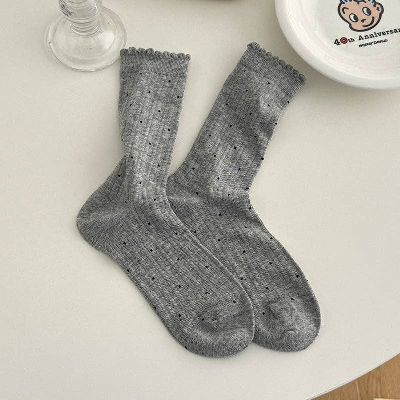 Grey Polka Dot Ruffle Ribbed Socks