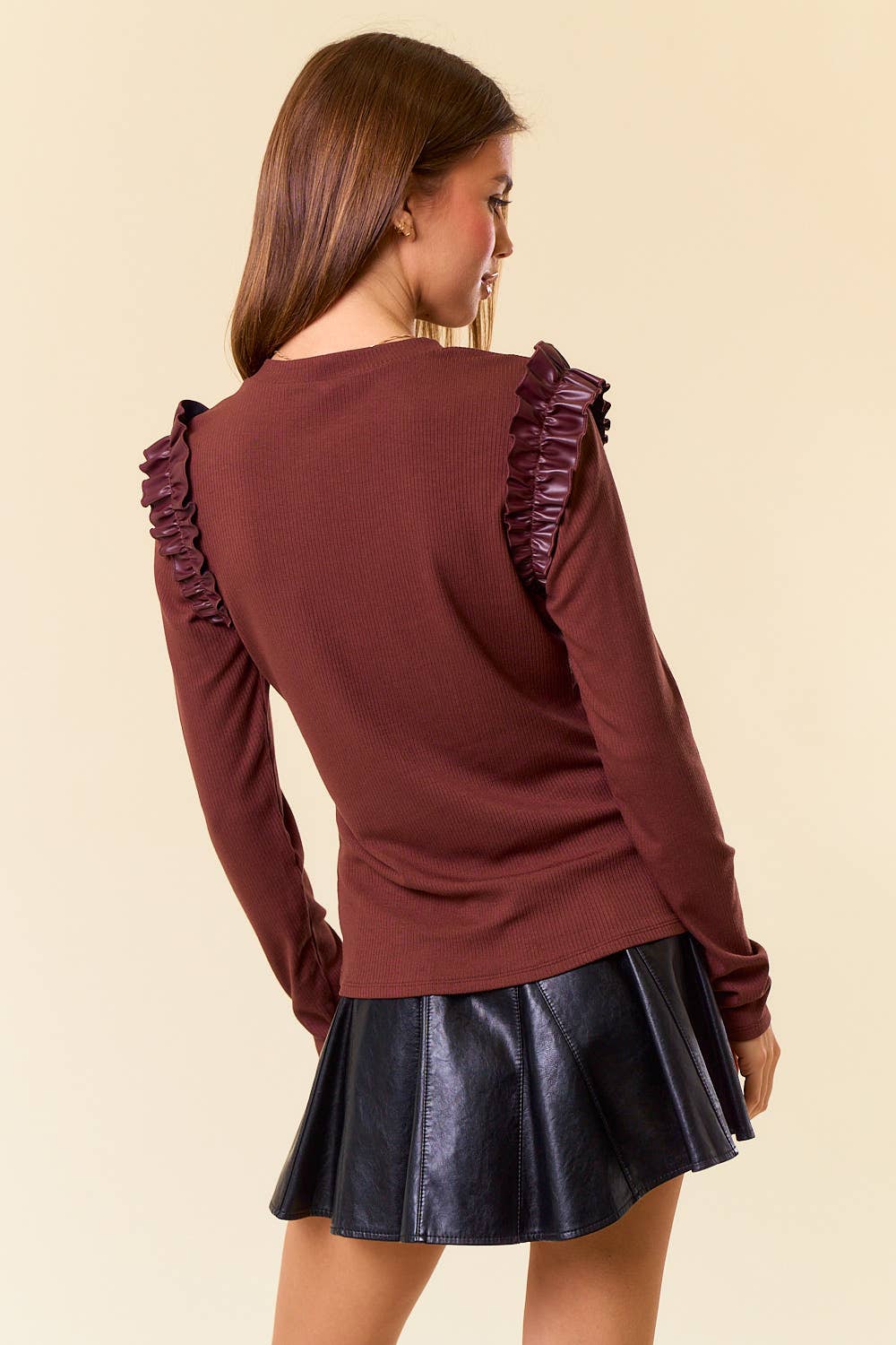 Round Neck Ruffle Shoulder Long Sleeve Top