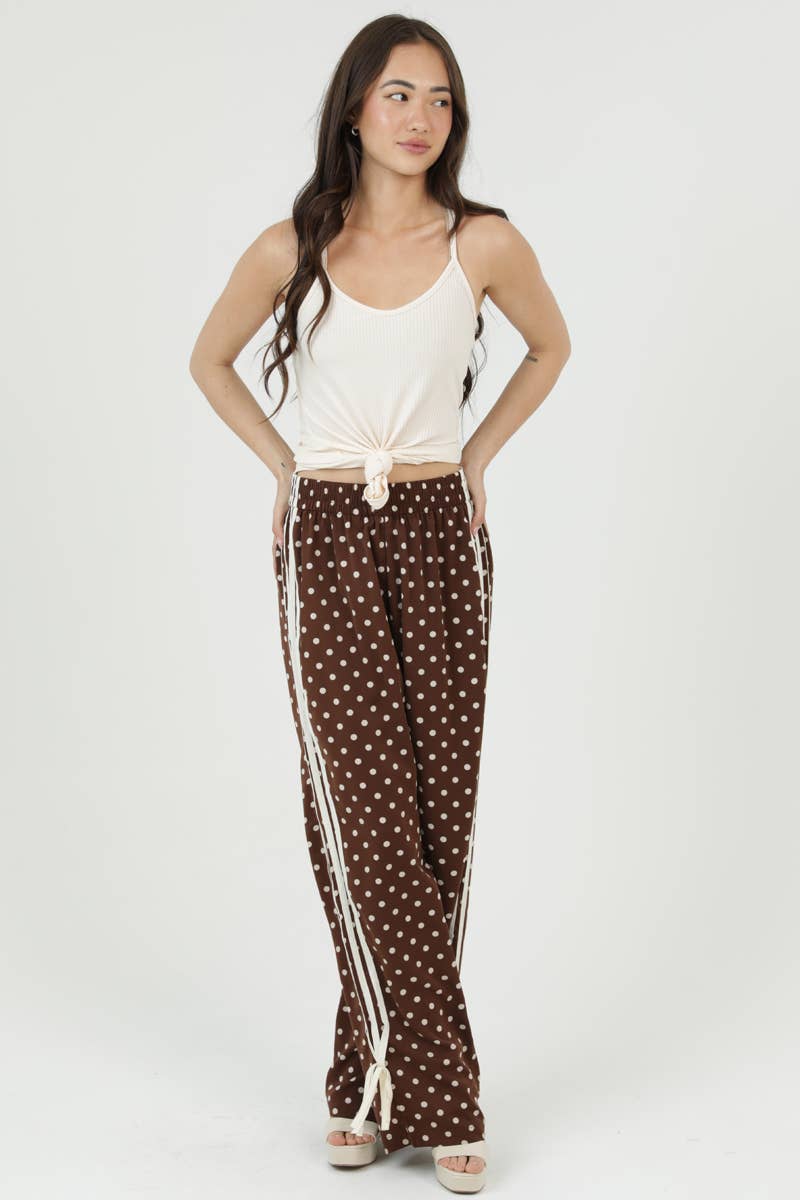 XPA47-DOT POLKA DOT PRINT WIDE LEG PANTS WITH SIDE TAPE TIES