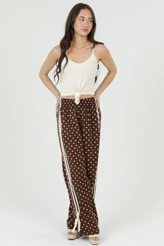 Brown Polka Dot Wide Leg Side Bow Pants