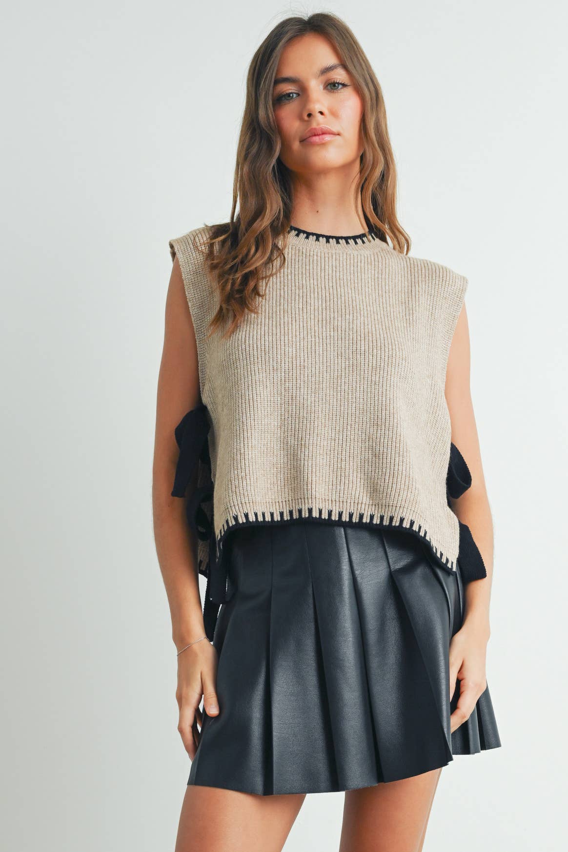 Taupe Mock Neck Sleeveless Bow Sweater