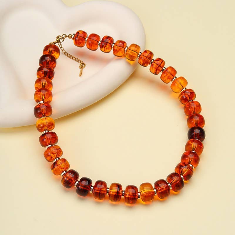 Chunky Amber-Tone Barrel Bead Necklace