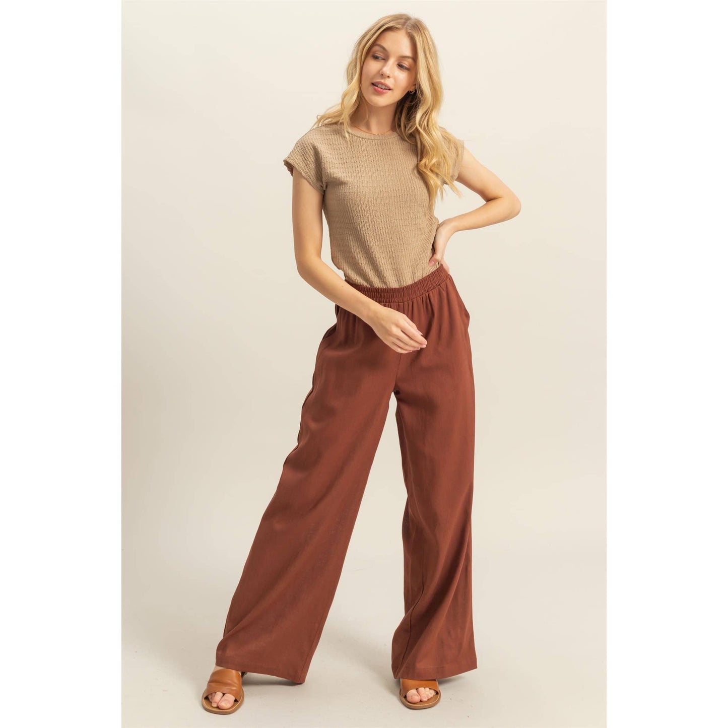 Elasticized Waist Rust Linen Pants