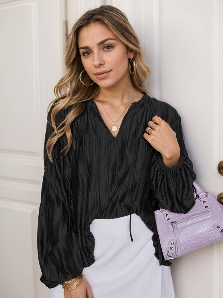 Bubble Sleeve V-Neck Loose Textured Blouse