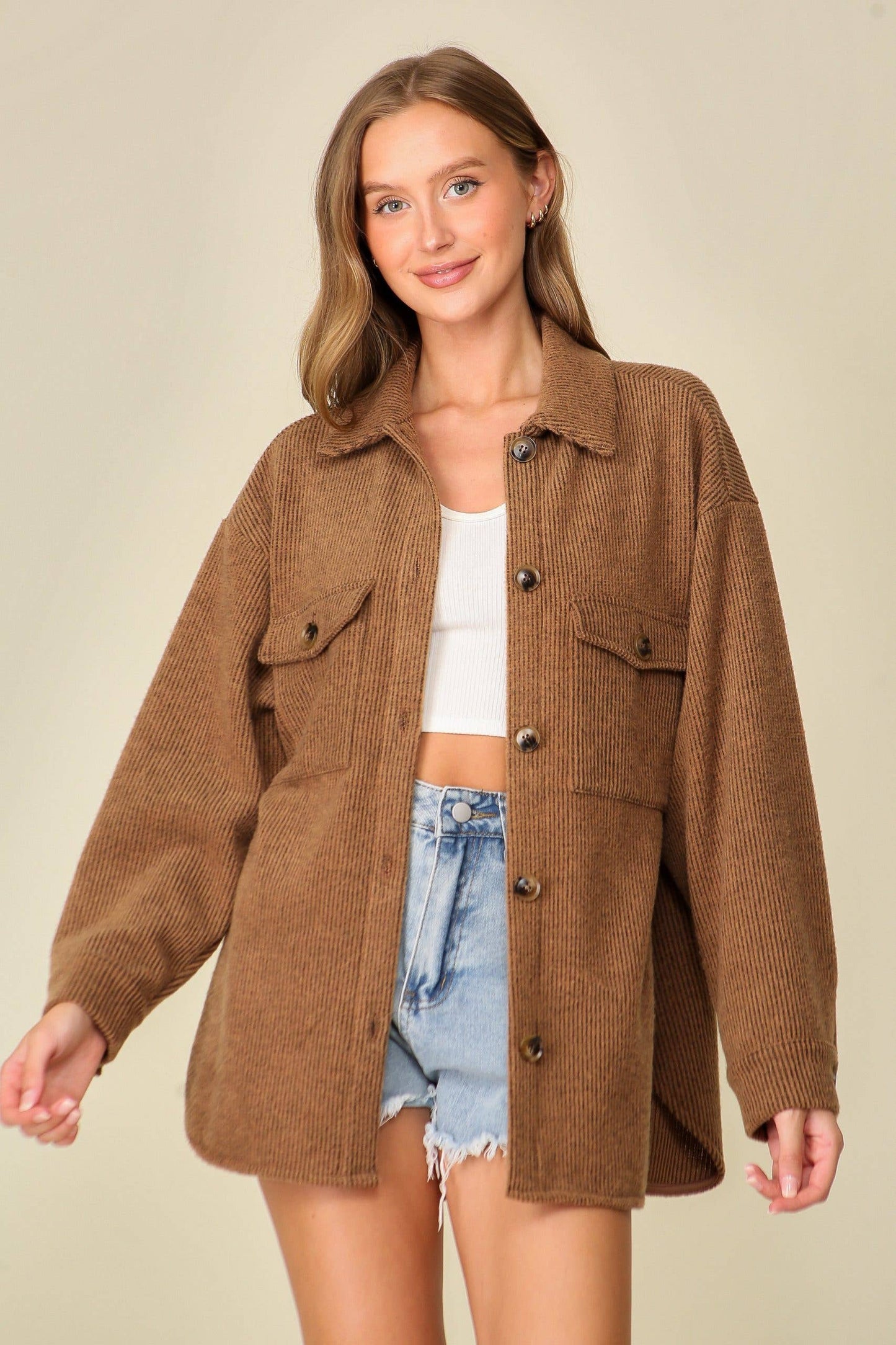 Long Sleeve Button Down Brushed Waffle Shacket