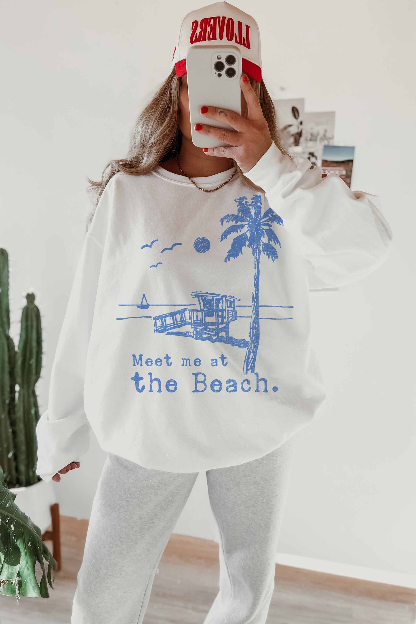 Meet Me At The Beach White Oversized Crewneck Sweatshirt