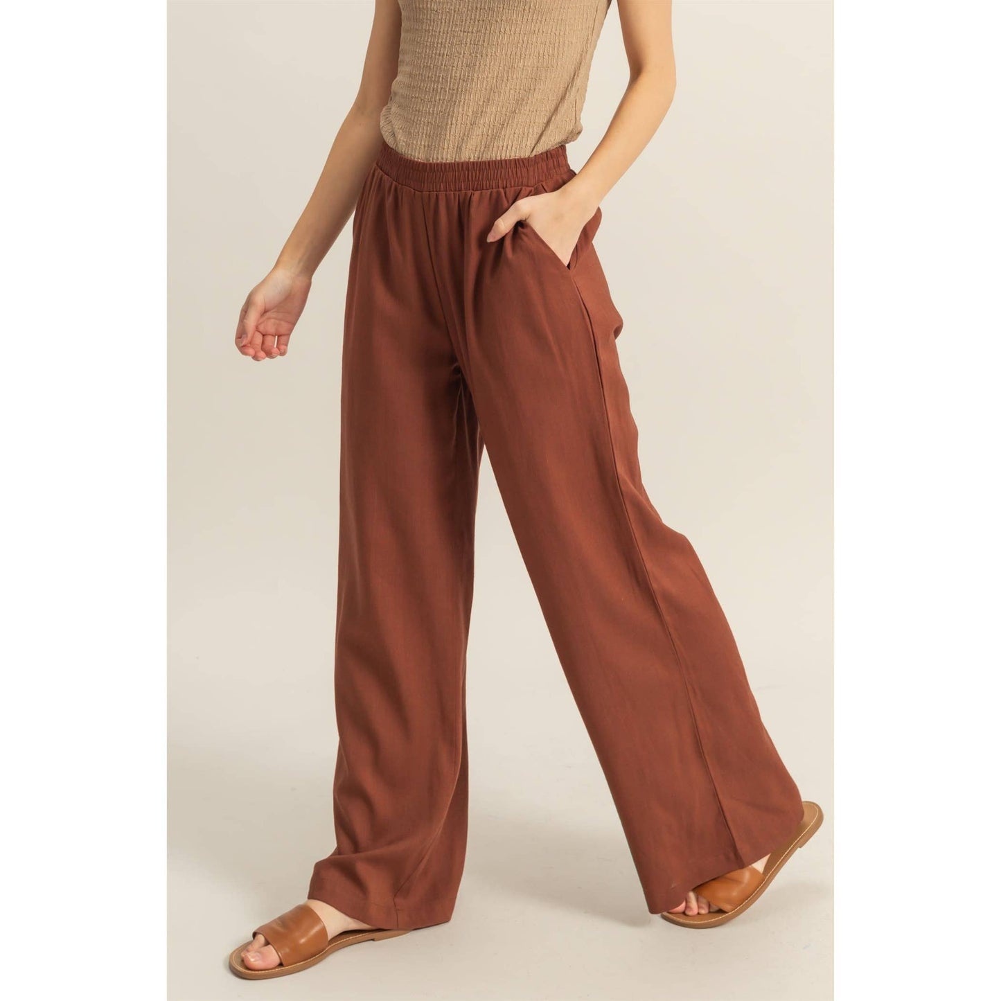 Elasticized Waist Rust Linen Pants