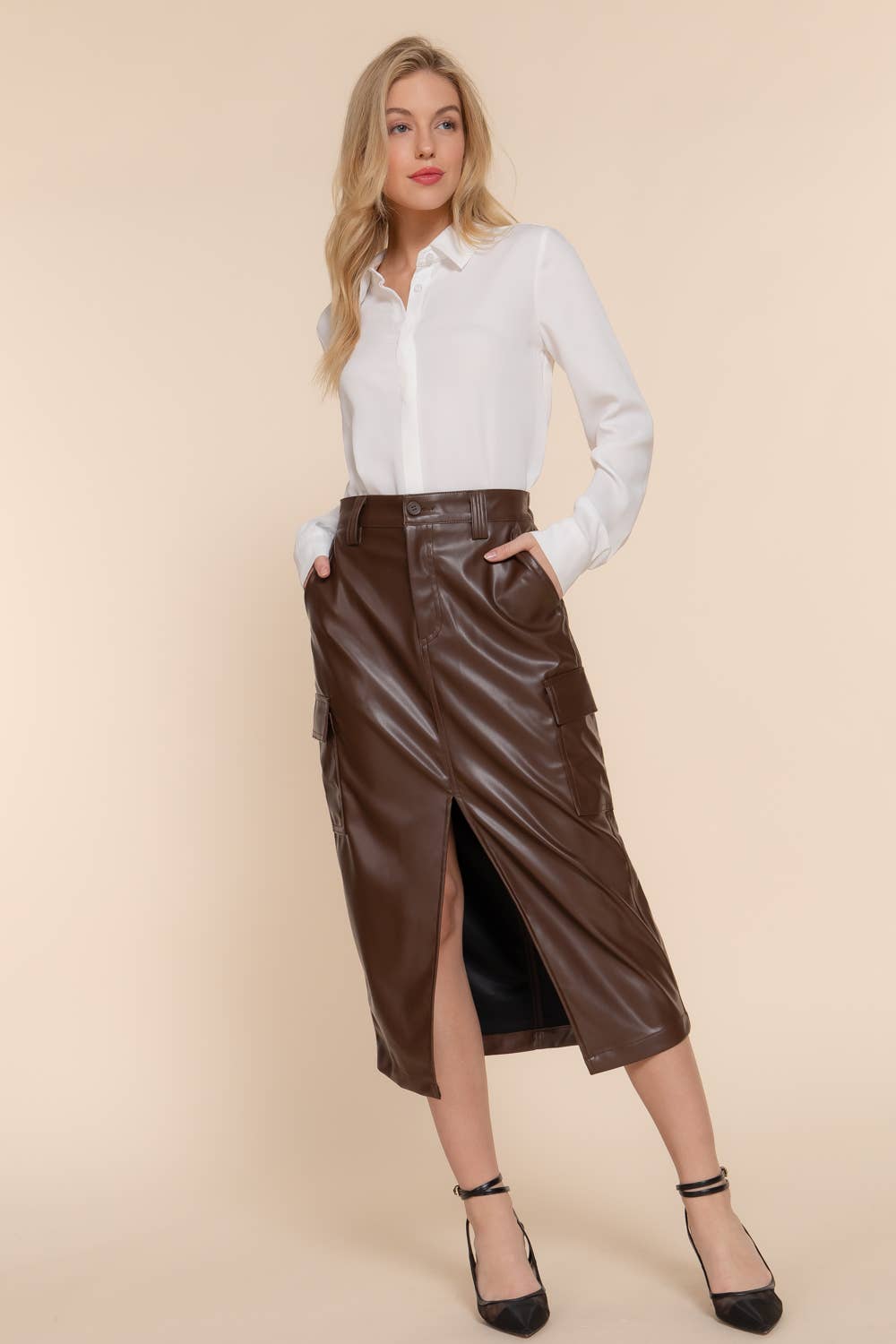 Brown Leather Midi Cargo Skirt