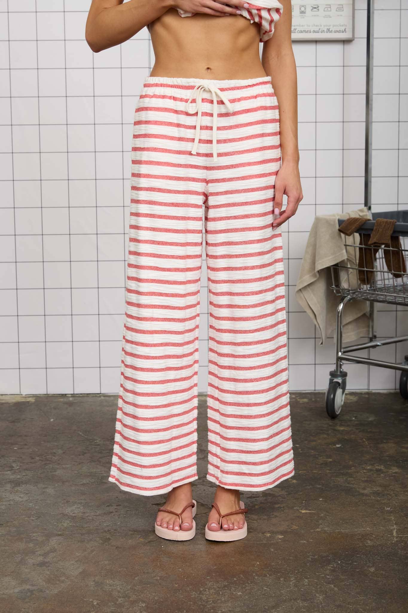 STRIPE DRAWSTRING WIDE LEG KNIT LOUNGE PANTS