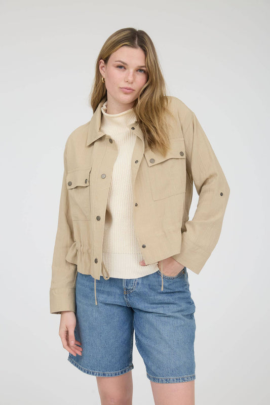 Collared 3/4 Tab Sleeve Drawstring Jacket
