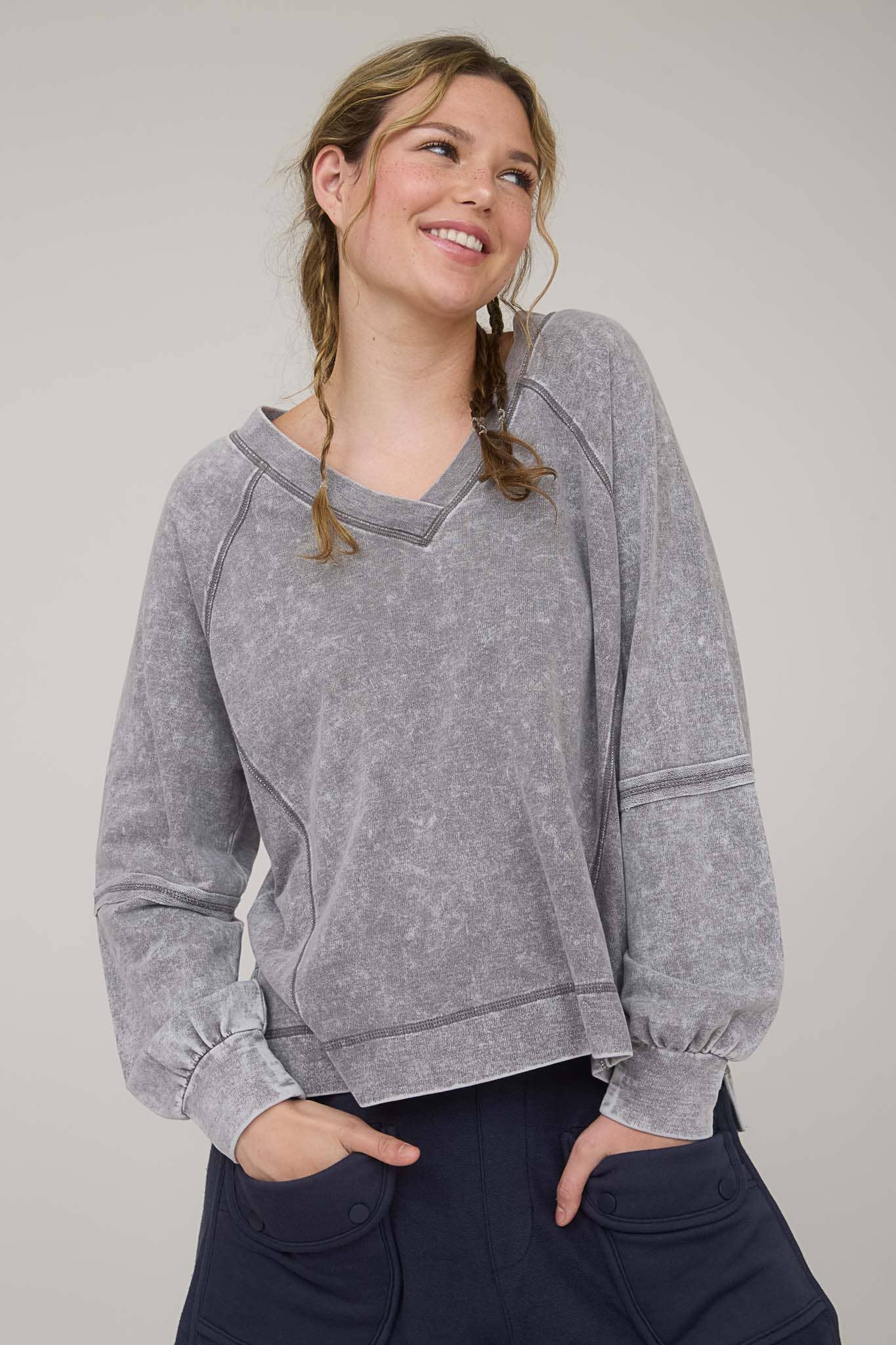 V-Neck Distressed Washed Long Sleeve Top