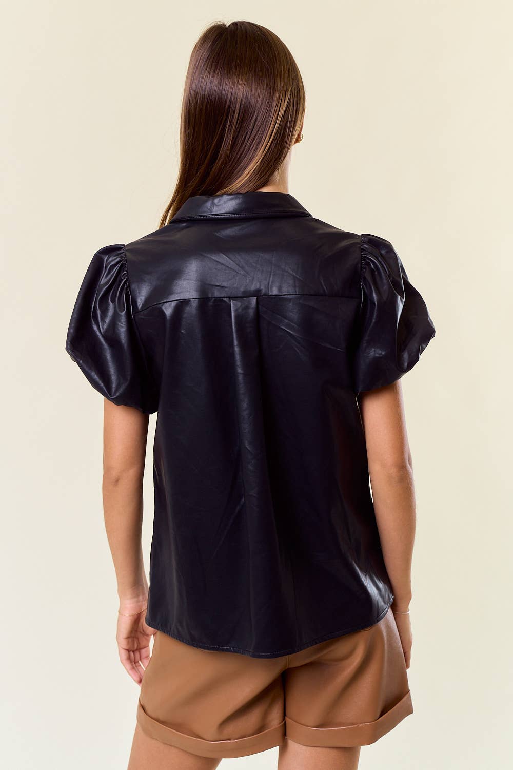 Black Leather Bubble Short Sleeve Blouse