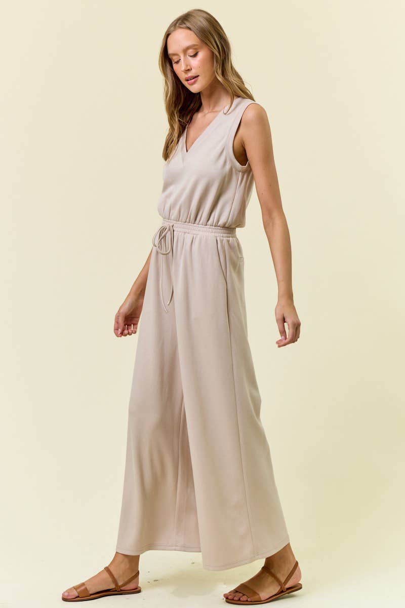 Oat V-Neck Brushed Modal Wide Leg Jumpsuit