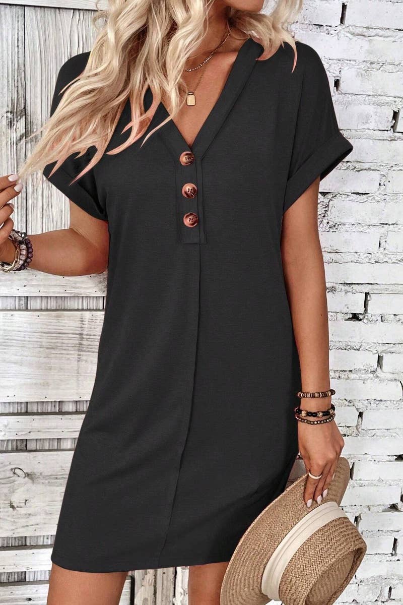 V-Neck Button Short Sleeve Dress