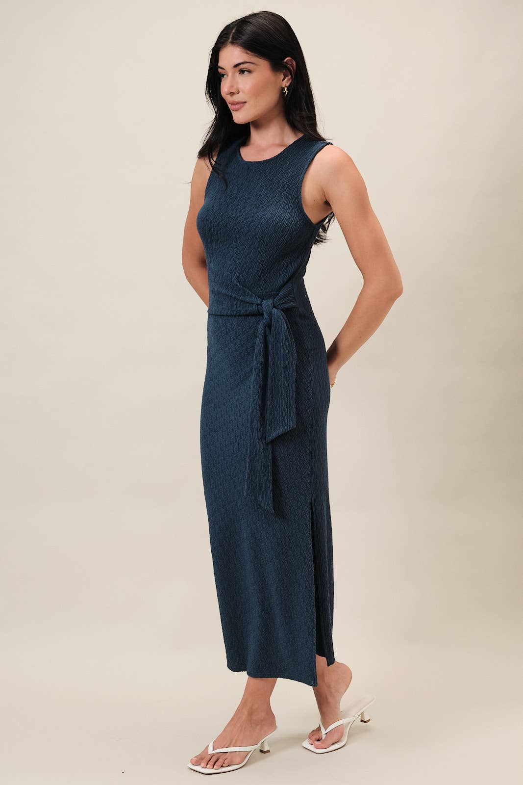 Navy Round Neck Side Tie Midi Dress