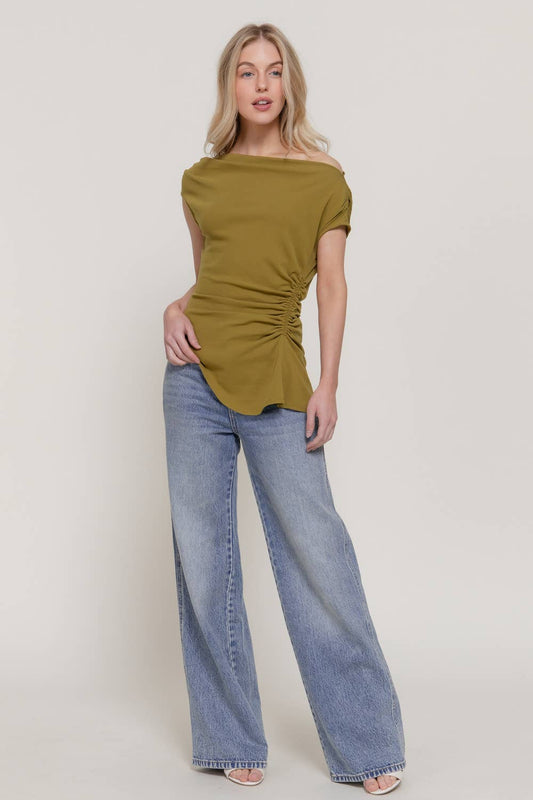 Off The Shoulder Ruched Asymmetric Hem Top