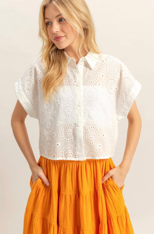 Short Sleeve Eyelet Button Front Shirt