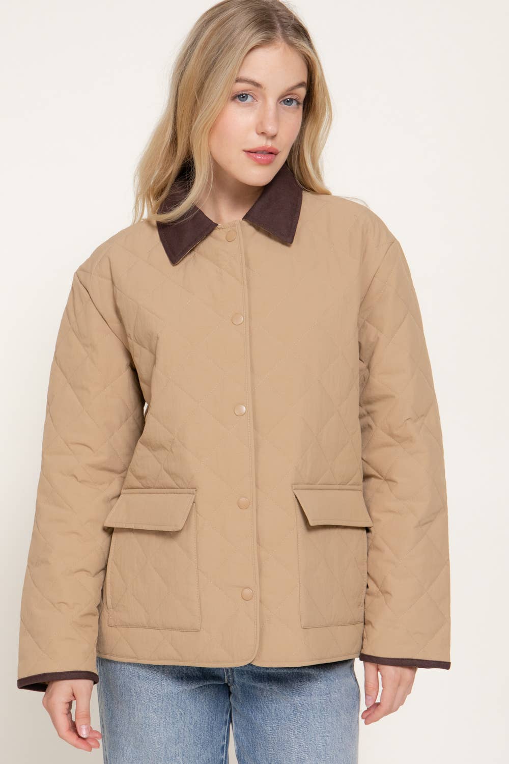 Dark Beige Lapel Collar Quilted Puffer Jacket