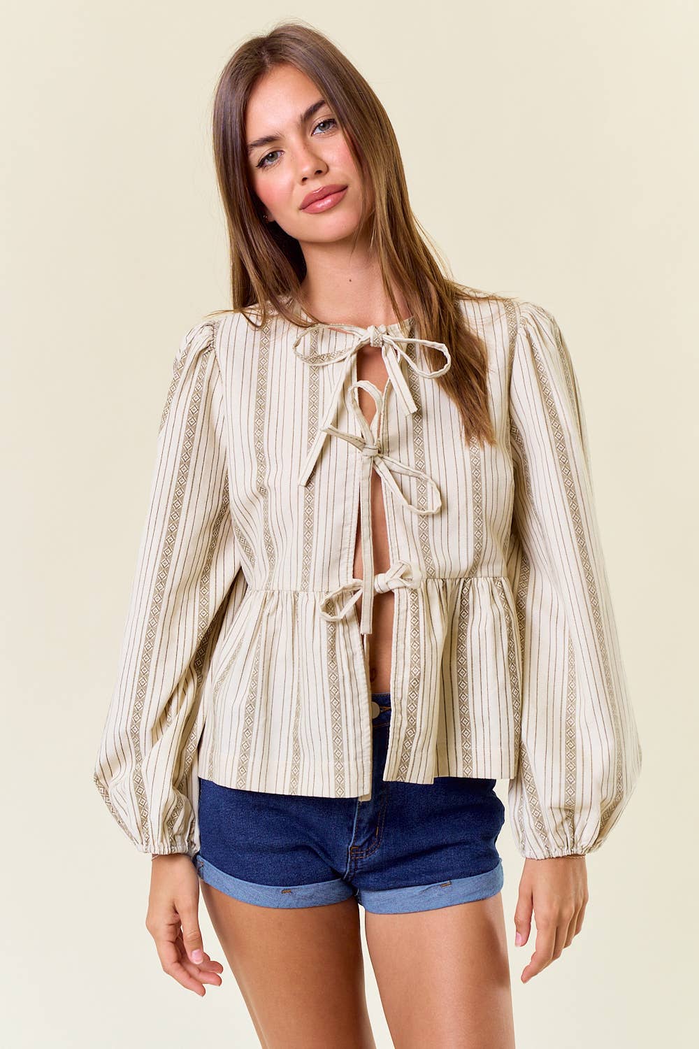 Corduroy Long Sleeve Bow Tie Front Peplum Blouse