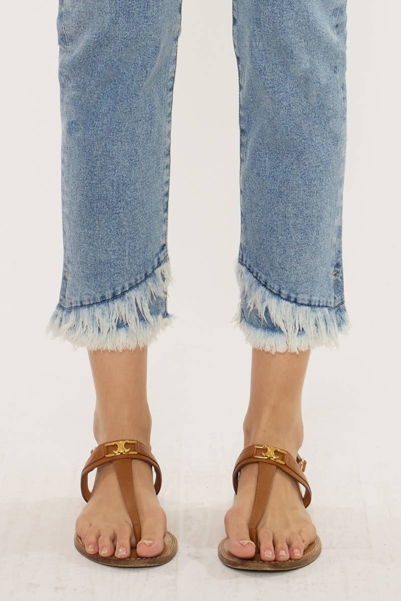 Kan Can Medium Wash High Rise Straight Frayed Hem Jeans