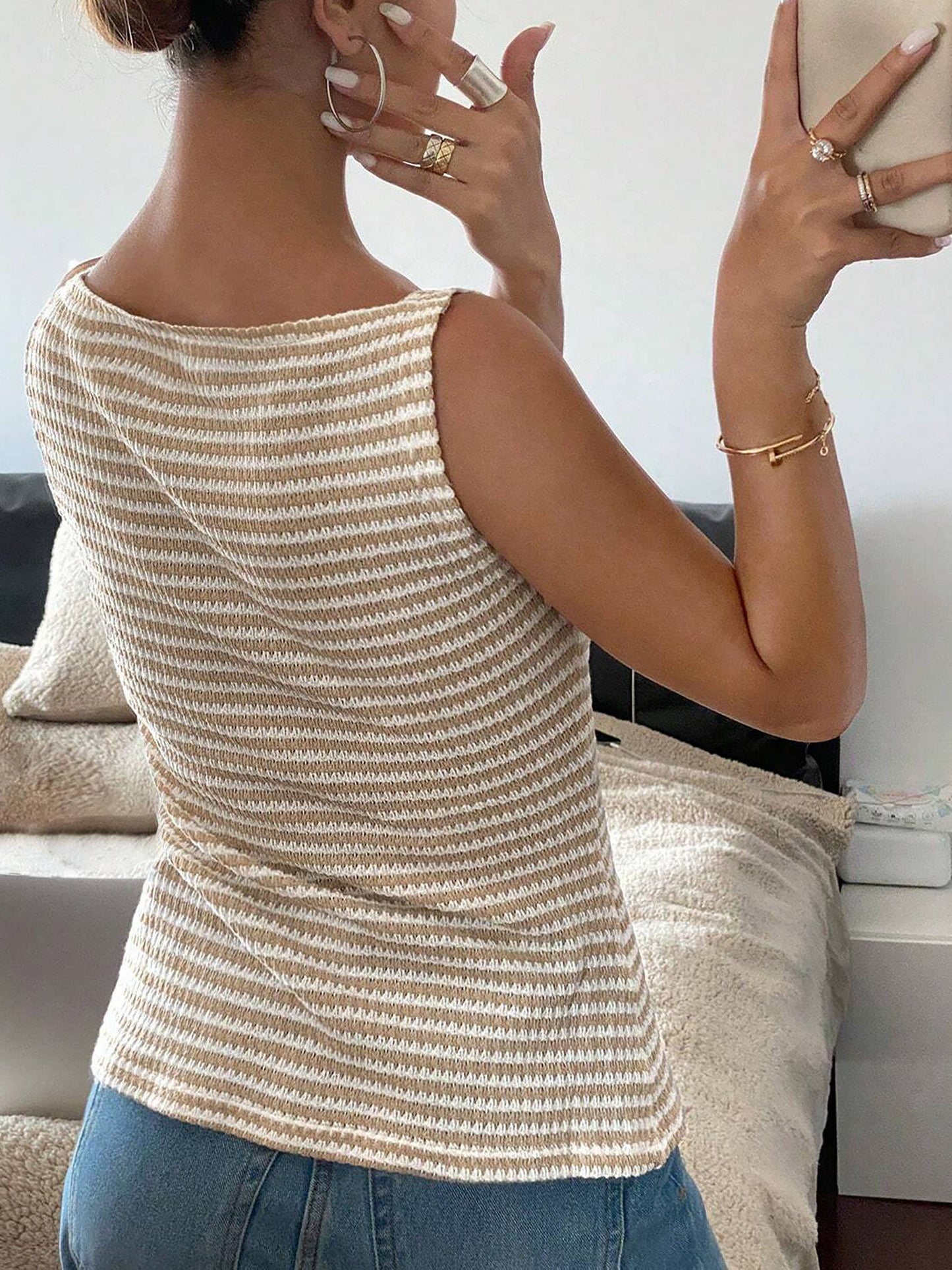 Beige Button Up Sleeveless Top