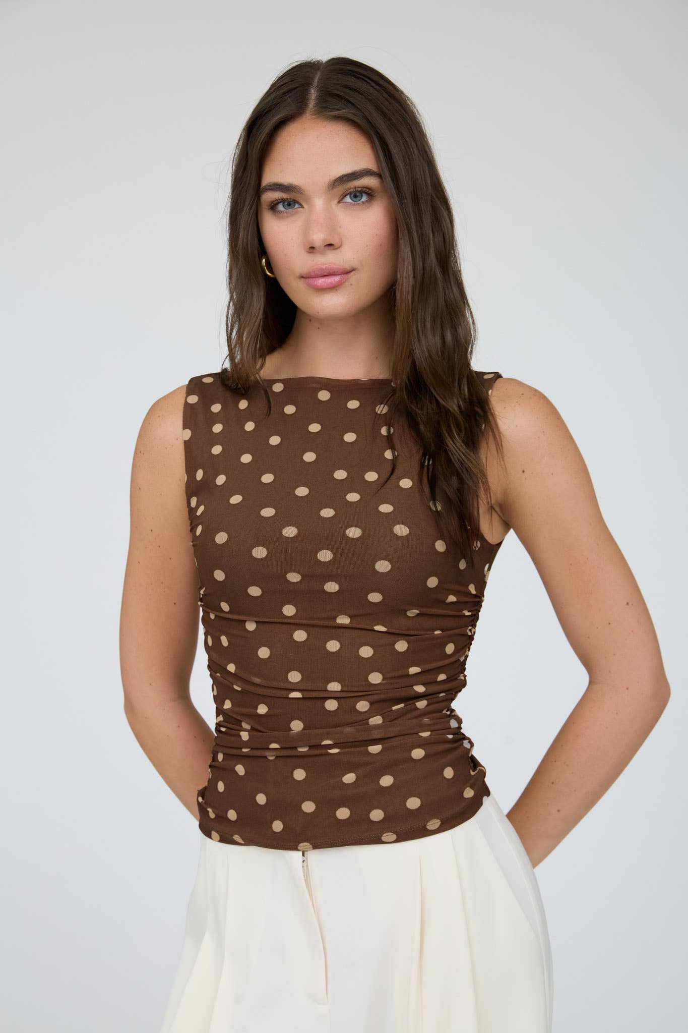 Polka Dot Boat Neck Sleeveless Mesh Top