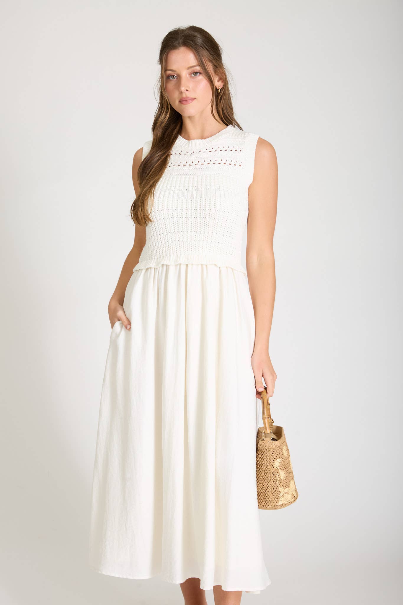 Cream Mix Media Sleeveless Midi Dress