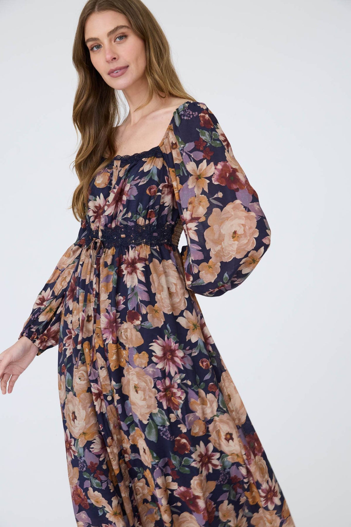 Floral Long Sleeve Lace Detail Dress