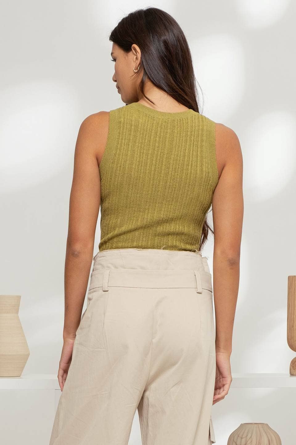 Sleeveless Round Neck Olive Top