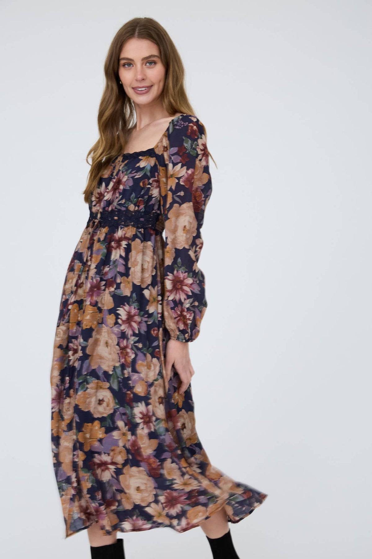 Floral Long Sleeve Lace Detail Dress
