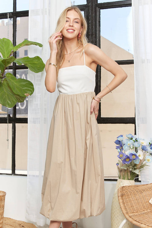 Taupe Two-Tone Color Block Bubble Midi Dress