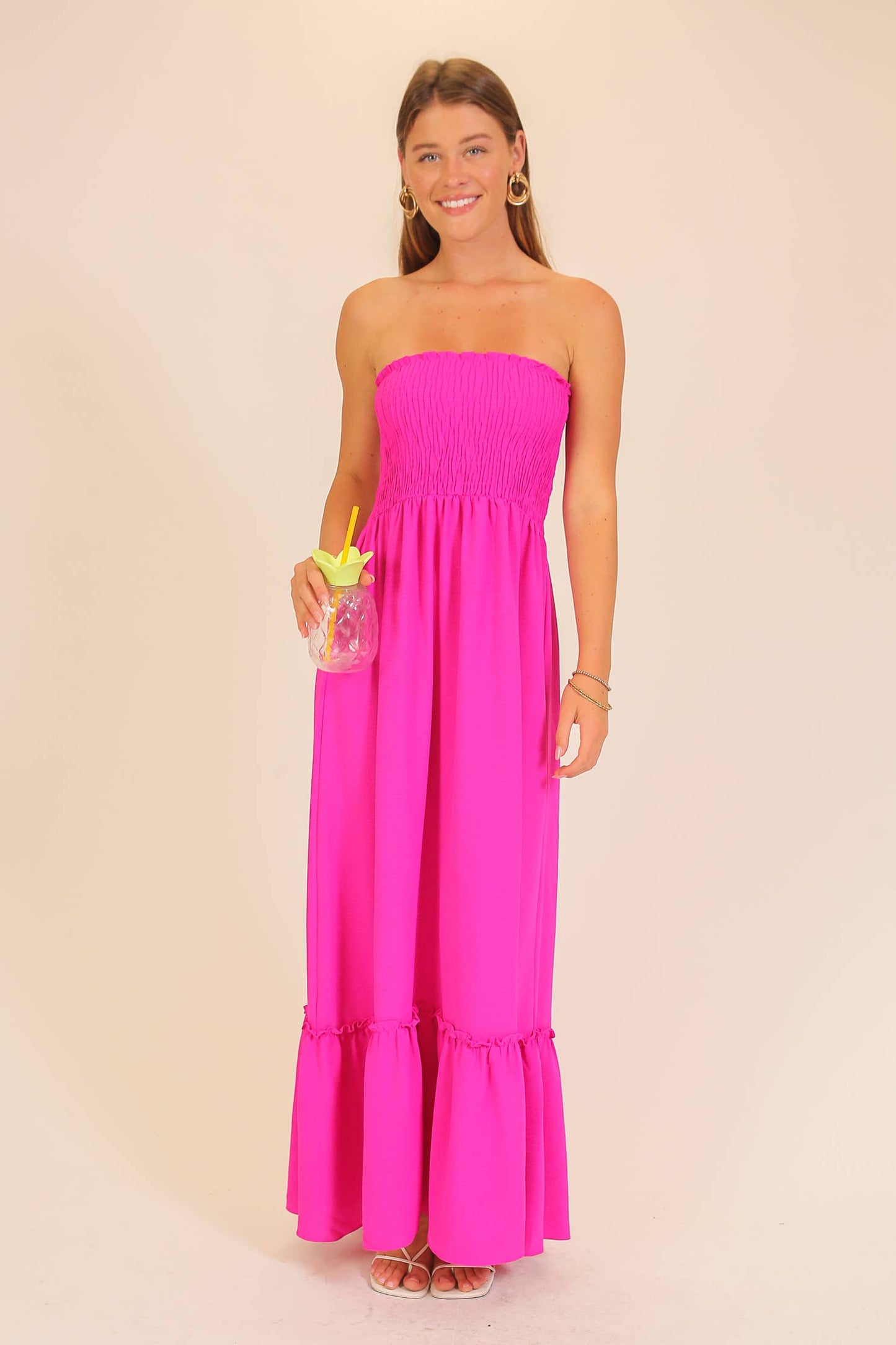 Strapless Boho Smocked Top Maxi Dress