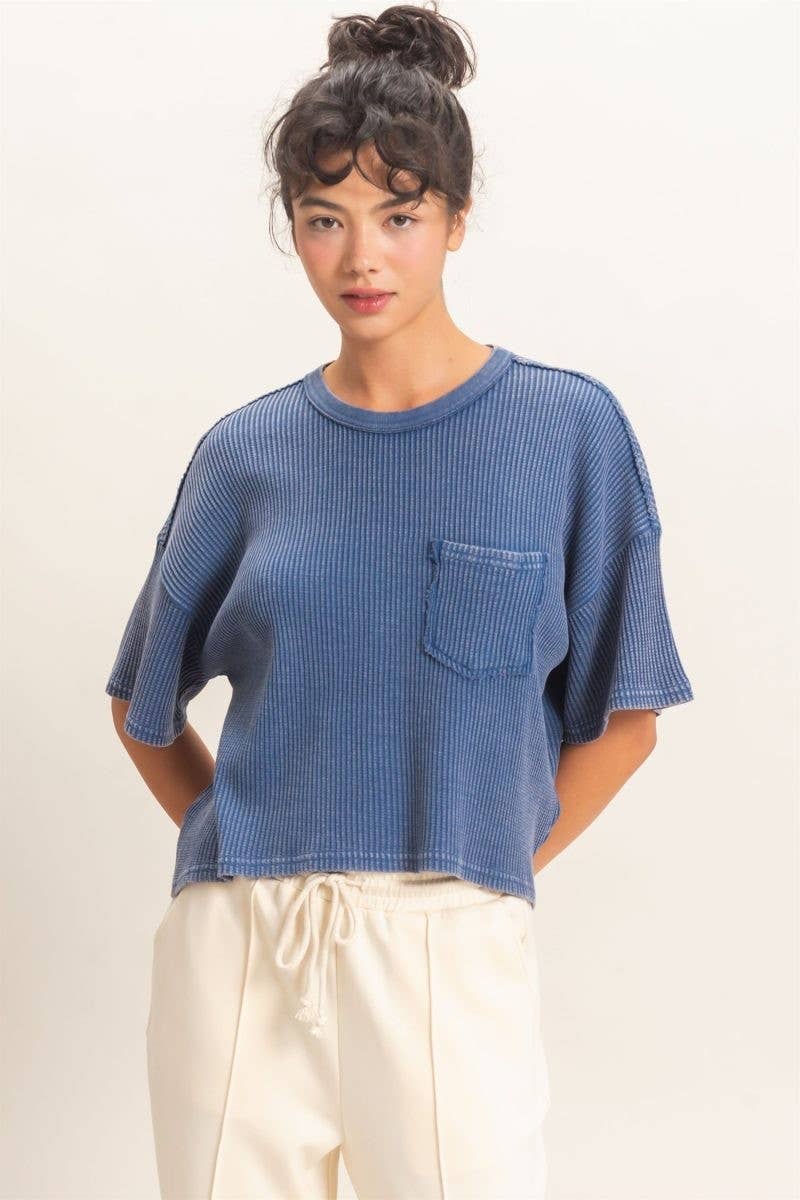 Mineral Wash Waffle Knit Pocket Top