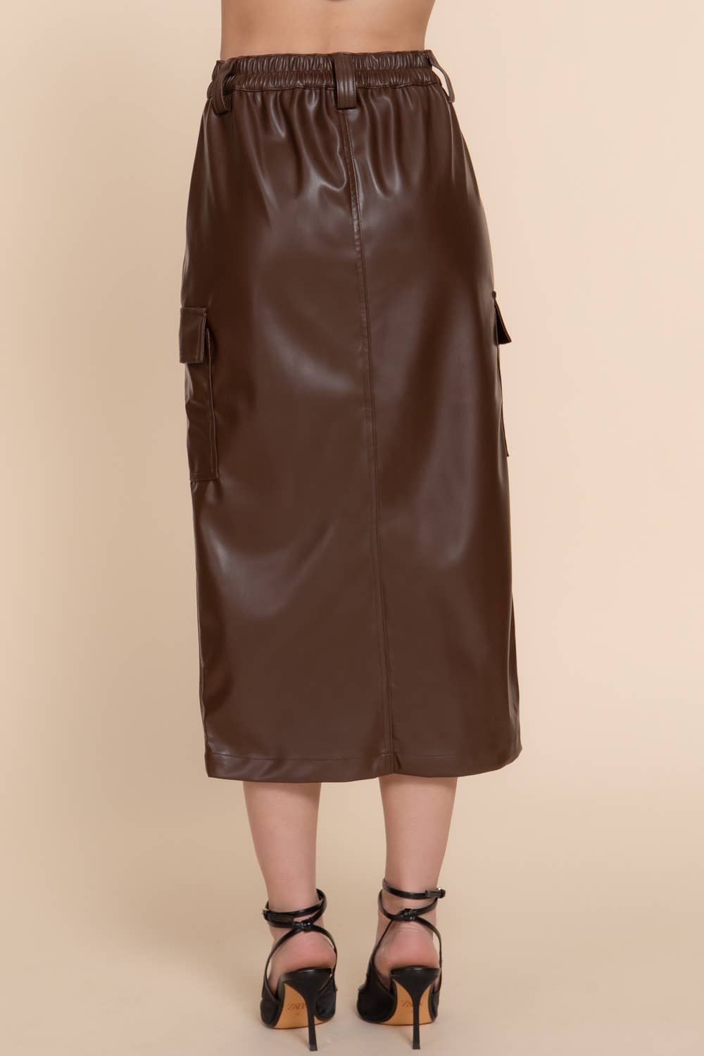 Brown Leather Midi Cargo Skirt