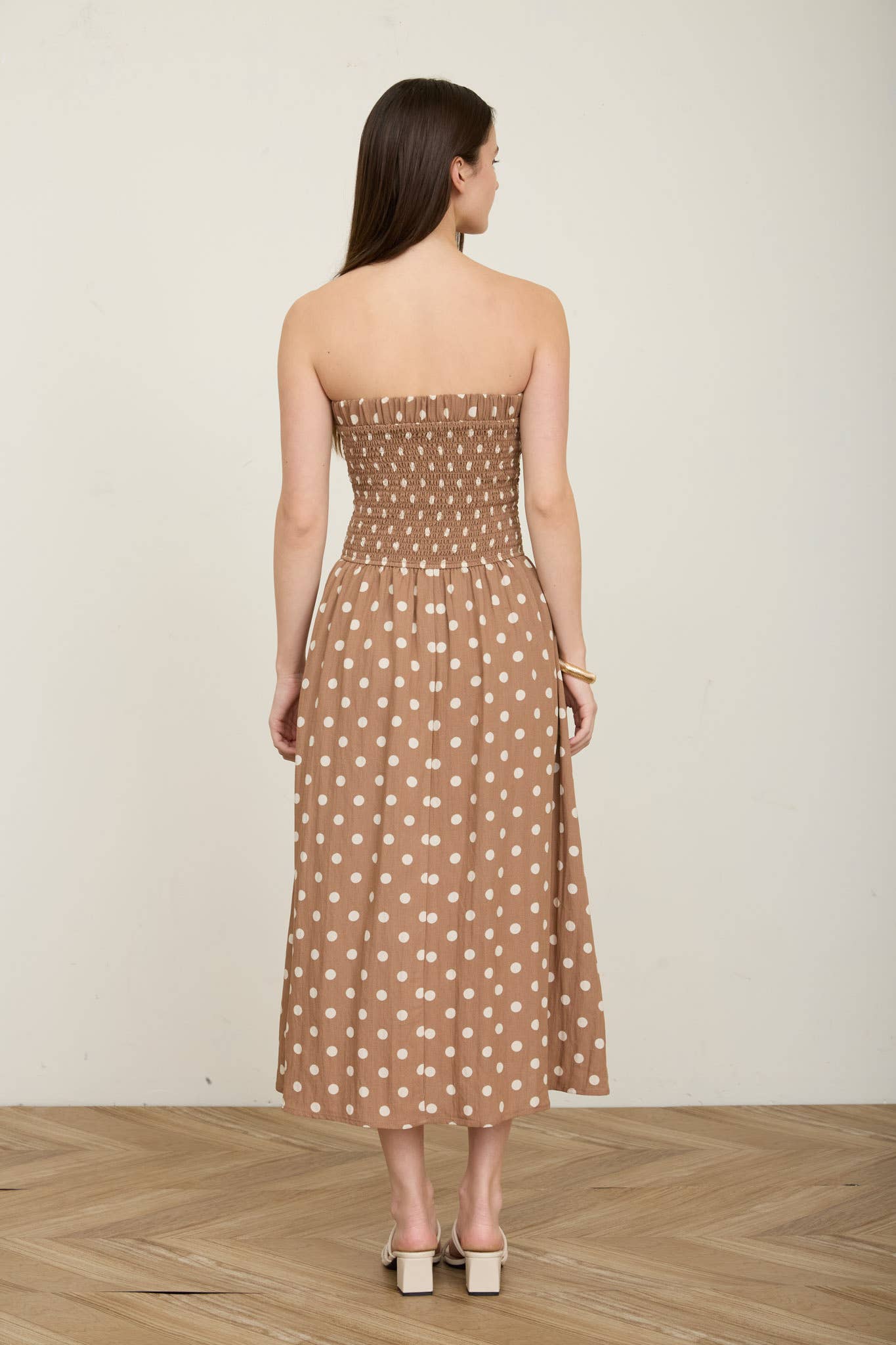 Brown Polka Dot Strapless Midi Dress