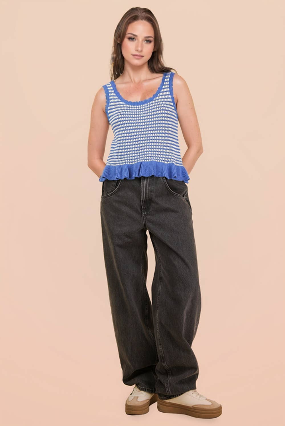 Blue Ruffle Hem Striped Sleeveles Top