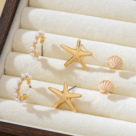 Gold Trio Nautical Shell Starfish Pearl Earring Set