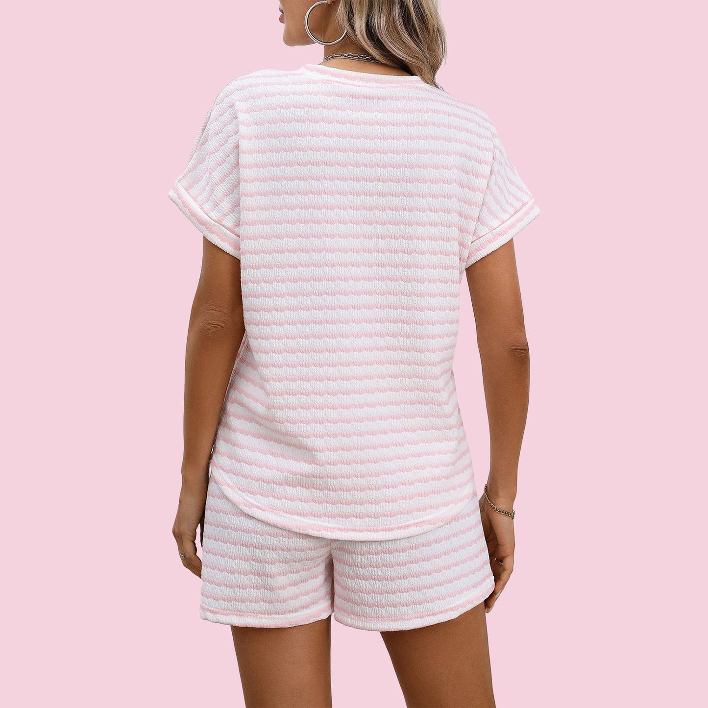 Stripe Knitted Short Sleeve Top and Drawstring Shorts Set