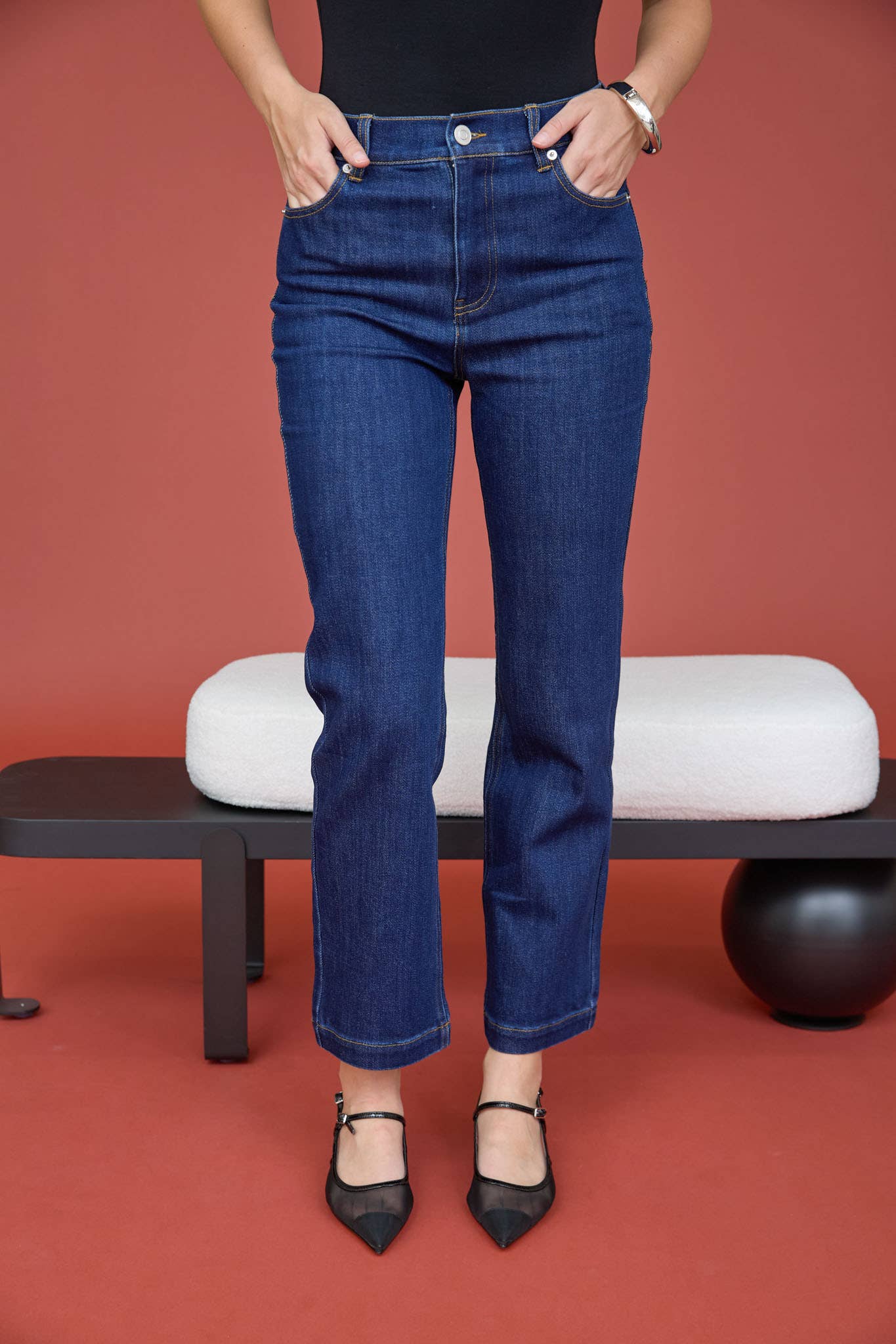 High Rise Dark Denim Straight Leg Jeans