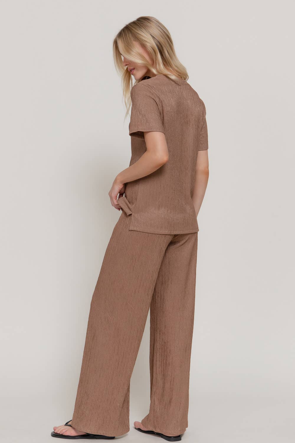 Mocha Short Sleeve Top & Wide Knit Pants Set