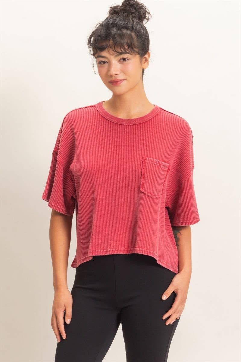 Mineral Wash Waffle Knit Pocket Top