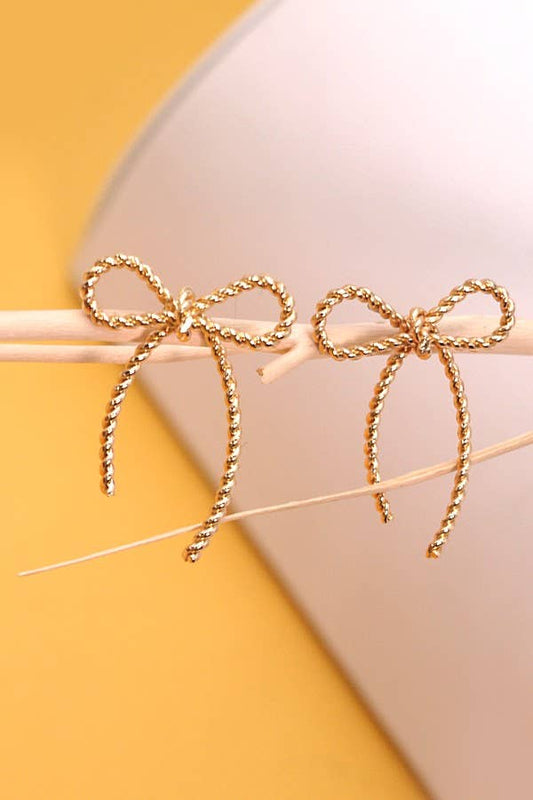 Gold Rope Design Bow Stud Earrings