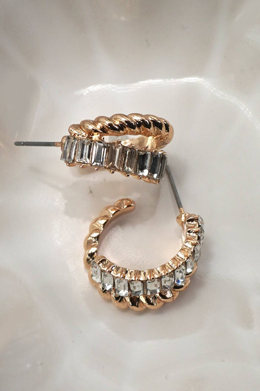 Gold Rhinestone Intertwined Huggie Hoop Earrings