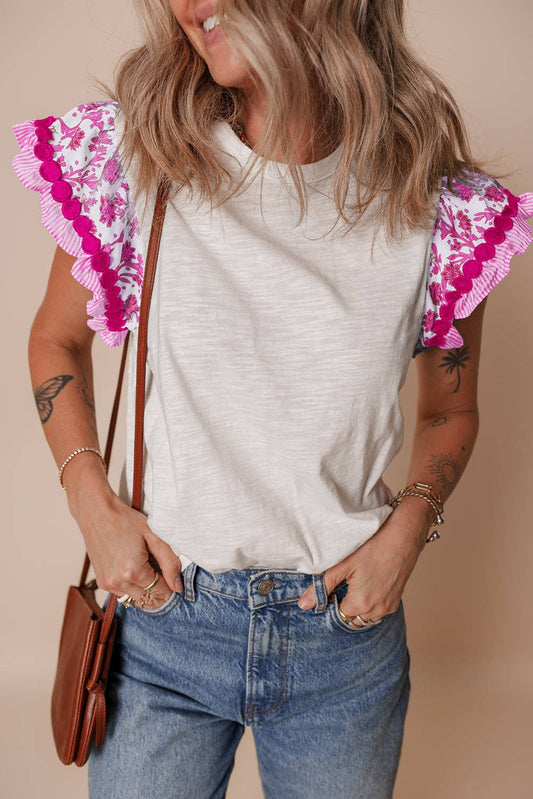 Floral Ric-Rac Flutter Sleeve Top