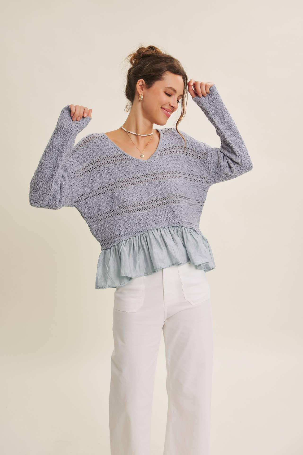 Slate Blue Ruffle Hem Crochet Sweater