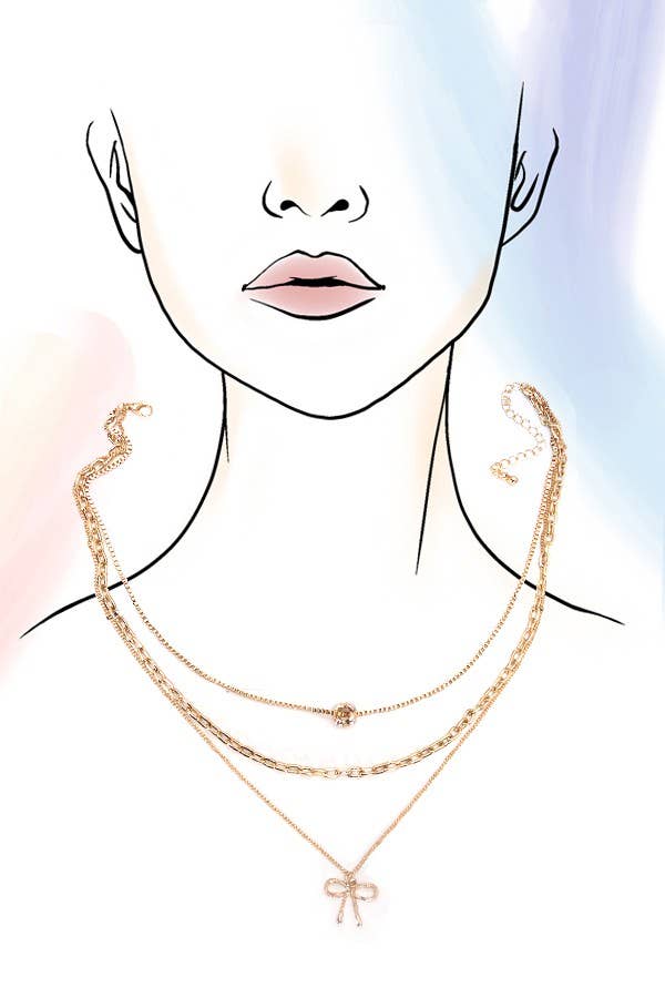 Gold Multi Layer Pearl Bow Charm Necklace