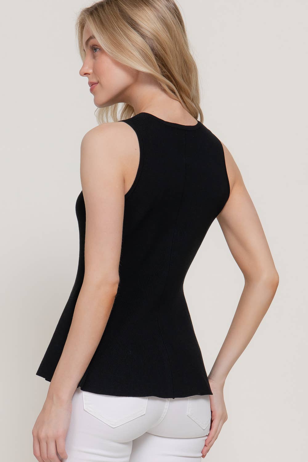 Sleeveless Crew Neck Button Down Peplum Top