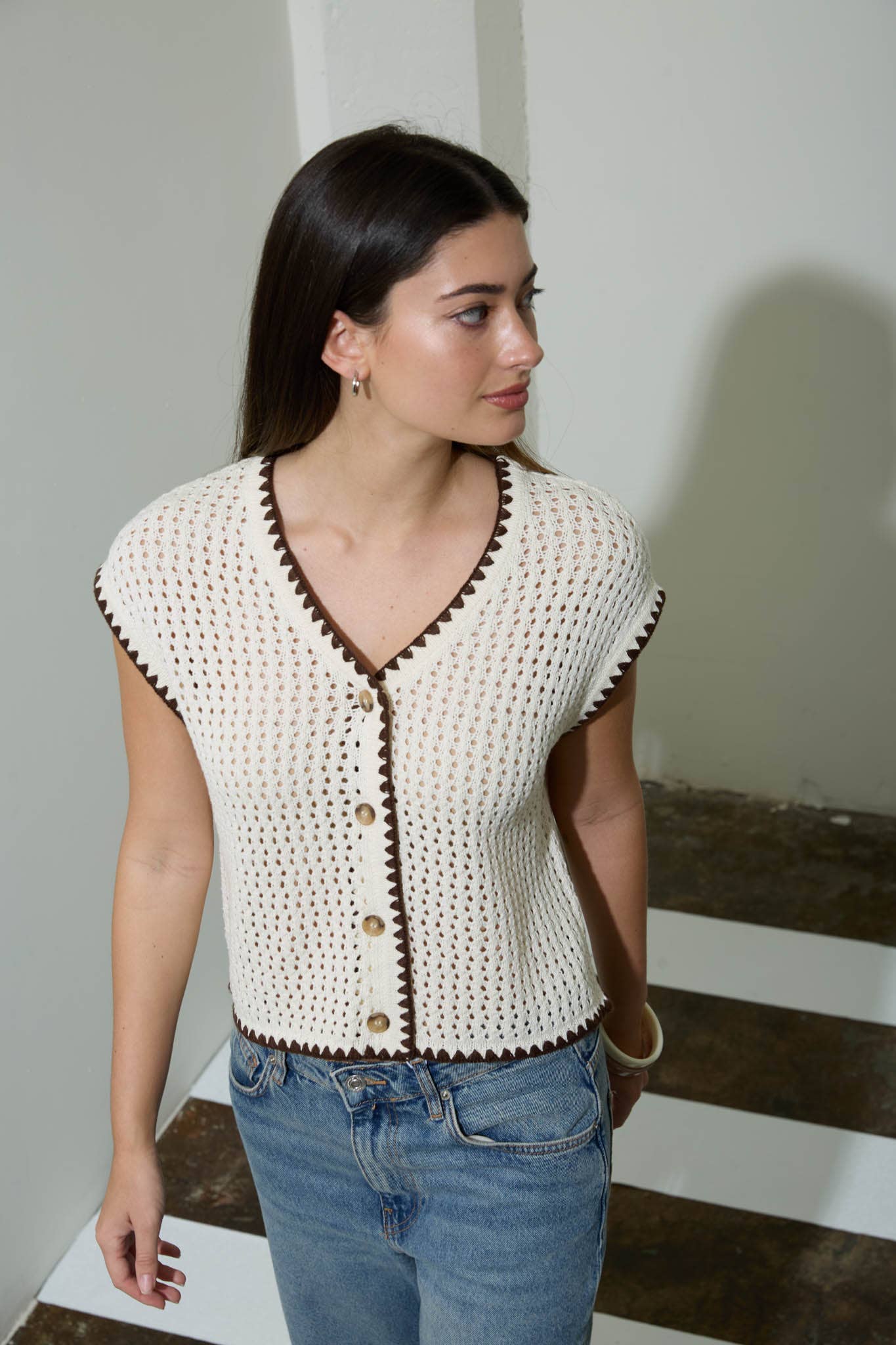 CONTRAST STITCH CROCHET KNIT SHORT SLEEVE CARDIGAN