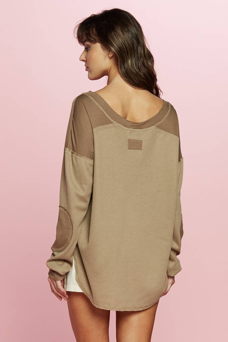 Elbow Patch Waffle Knit Long Sleeve Top