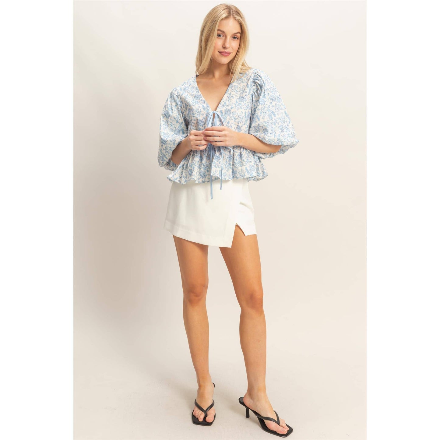 Blue Floral Tie-Front Peplum Top